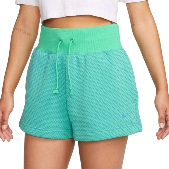 Nike Phoenix Shorts Womens Size Medium Loose Fit High Rise Fleece Greene Blue - Picture 1 of 12